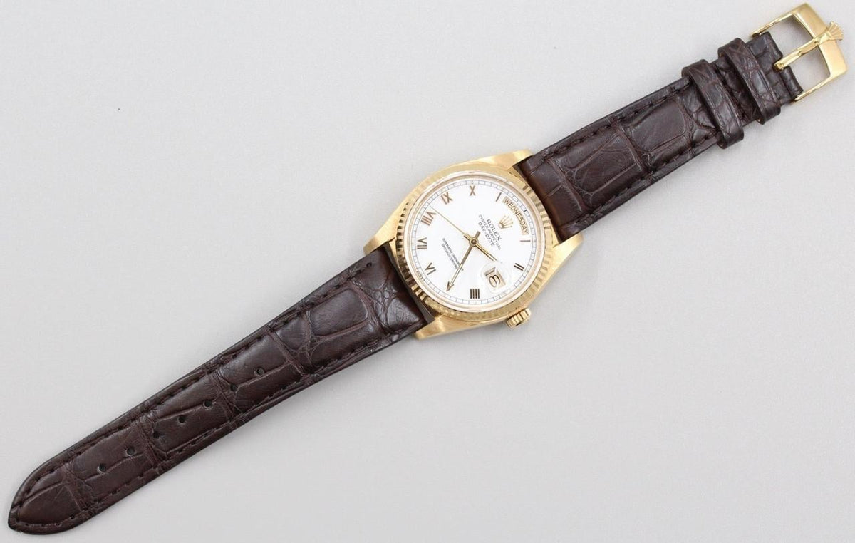 Rolex Day-Date 36 18038 Yellow Gold White Roman Dial Leather Strap