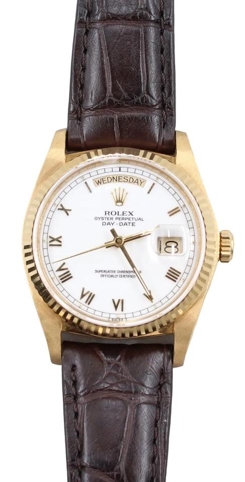 Rolex Day-Date 36 18038 Yellow Gold White Roman Dial Leather Strap